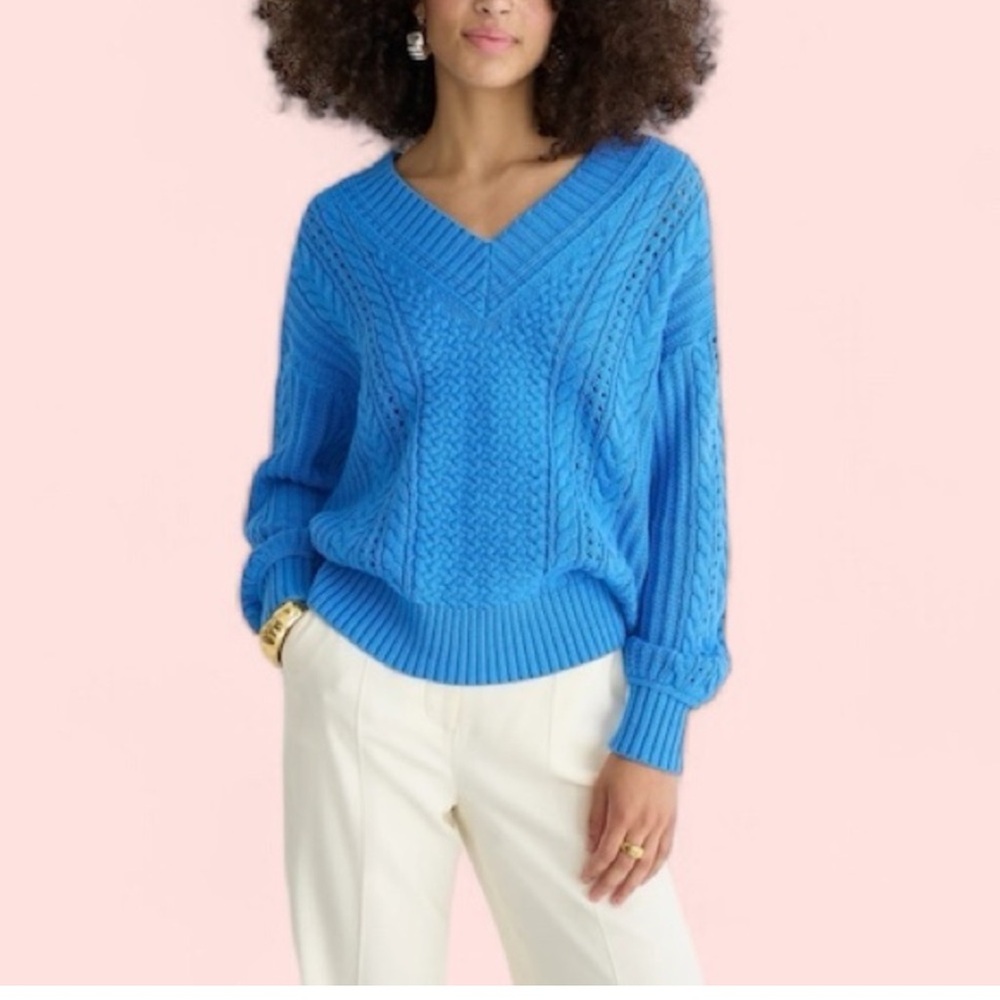 J.Crew Blue Chunky Cable-Knit V Sweater